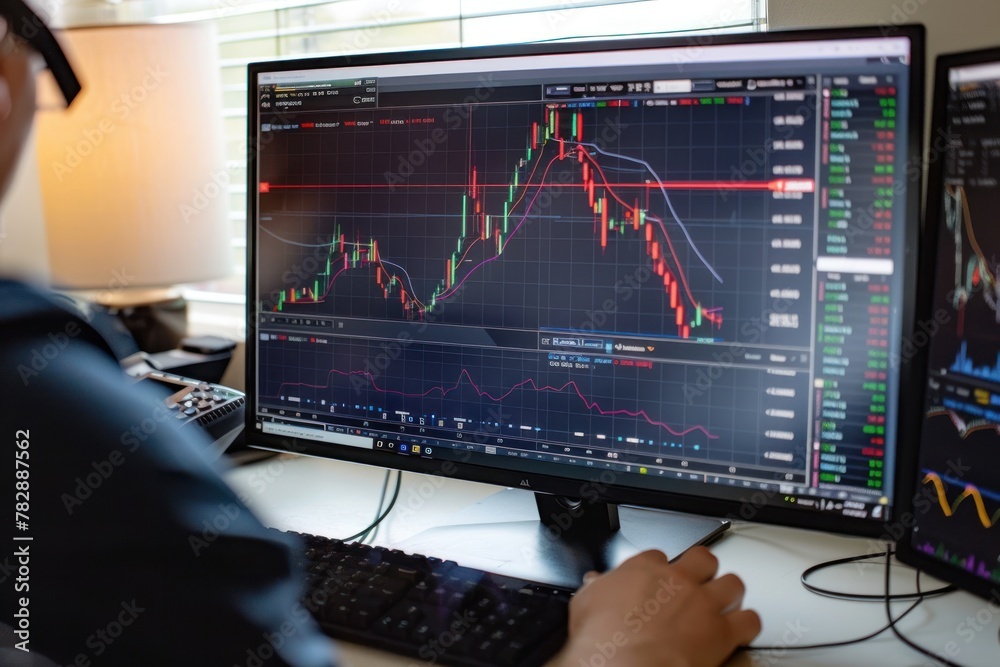 Poster  A trader is using a mobile application to trade stocks on a white background