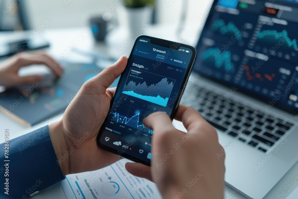 Poster  A trader is using a mobile application to trade stocks on a white background