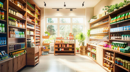 Naklejka premium Bright, well-organized health food store interior with wooden shelves stocked with various products and natural light from large windows.