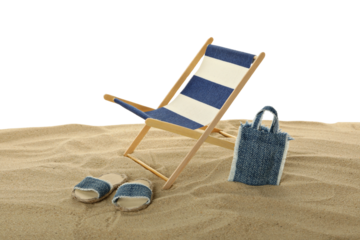 PNG sunbed on the beach, on the sand, isolated on white background.