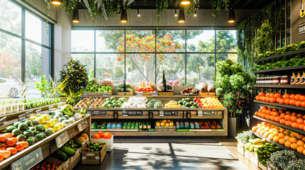A bright, modern grocery store produce section with various fruits and vegetables on shelves, natural light, and green decor elements.