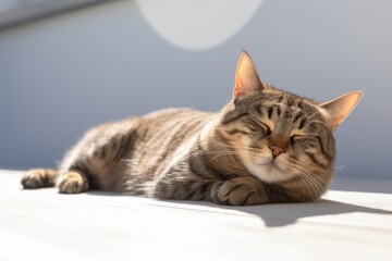 A tabby cat is sunbathing.