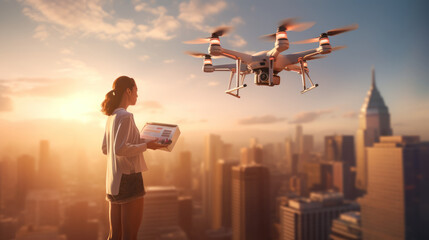 A woman controls a delivery drone with ease. On the background, the city sky is full of skyscrapers. Reflects convenience and speed