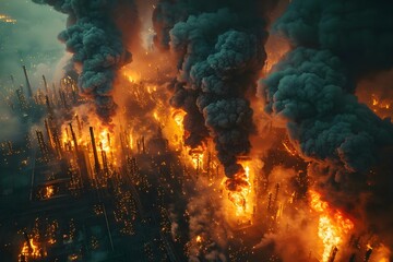 Industrial Inferno: The Hazards of Refinery Fires. Concept Industrial Safety, Refinery Operations, Fire Prevention, Emergency Response, Hazardous Materials - obrazy, fototapety, plakaty