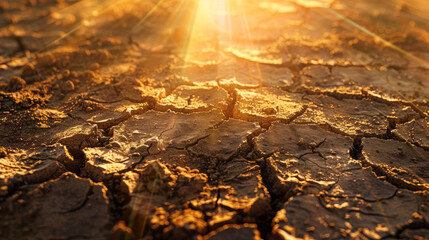 Severe drought desert landscape with cracked mud and intense sunlight, global warming concept. - 782887595