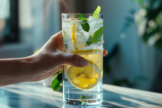 A hand holding a glass of water with lemon slice in it. Concept of staying hydrated and healthy lifestyle.