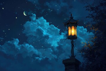 A Street Lamps Illuminate in the Night Sky.