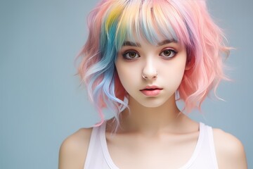 Fototapeta premium Anime style girl with big eyes and colorful hair 