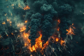 Industrial Inferno: Aerial View of Explosive Blaze. Concept Aerial View, Explosive Blaze, Industrial Fire, Emergency Response, Catastrophic Scene