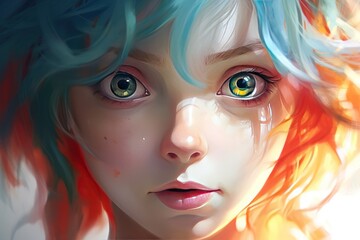 Fototapeta premium Anime style girl with big eyes and colorful hair 