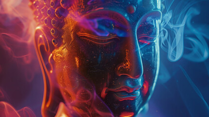 A Buddha statue with neon glowing face and smoke. The smoke gives the impression of a mystical and spiritual atmosphere