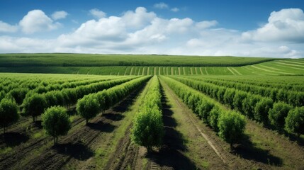Fototapeta na wymiar Biomass energy farm, fast-growing trees planted in rows on a background of green fields.