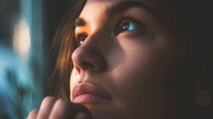 A woman looking at something and has a serious expression on her face. Concept of visualization and focus