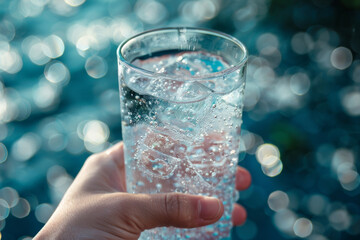 A hand holding a glass of water with ice cubes in it. Concept of staying hydrated and healthy lifestyle. - 782887996