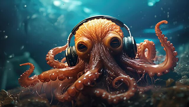 Cute octopus with headphones listening to music or DJ in a night club. Created with generative AI.