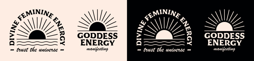 Divine feminine energy trust the universe goddess lettering aesthetic spiritual affirmation quotes art logo badge for women. Manifesting text boho groovy shirt design and print vector.
