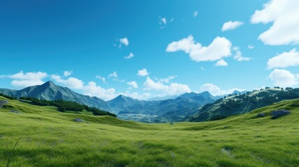 Fototapeta premium Bright, cloudless blue sky on a green mountain background. 
