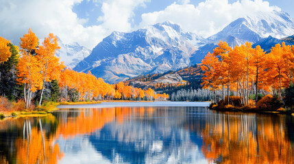 Obraz premium Autumn landscape with vivid orange trees, reflecting on a tranquil lake against a backdrop of majestic snow-capped mountains.