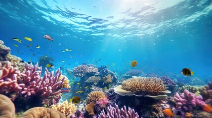  Brightly colored underwater corals and various types of fish on the background of blue sea water. 