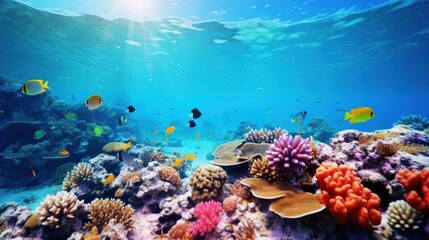  Brightly colored underwater corals and various types of fish on the background of blue sea water.  - Powered by Adobe