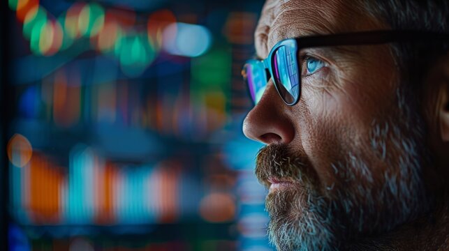With unwavering concentration, a financial analyst delves into data on a holographic interface, symbolizing the forefront of analytical excellence.
