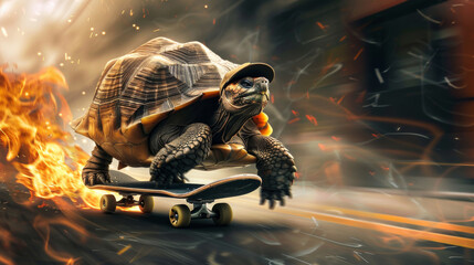 A tortoise is riding a skateboard with flames trace - 782888307