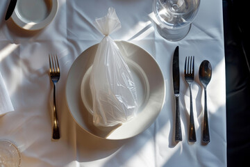 A white table with a plastic bag on top of a plate, microplastics in food and zero waste concept. - 782888321