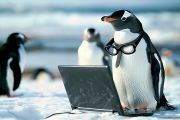 Penguins as a office worker working on their laptops in modern office, remote work, wildlife and digital nomad concept - 782888362