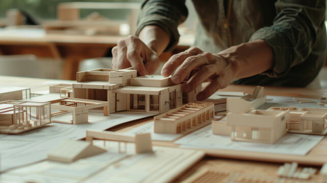 Interior designer deliberating with engineers on house project blueprints and models, the selection of mood board materials.