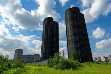 Fototapeta premium Closeup View of an impressive skyscraper towering building over a cityscape surrounded by a large open field structure and design.