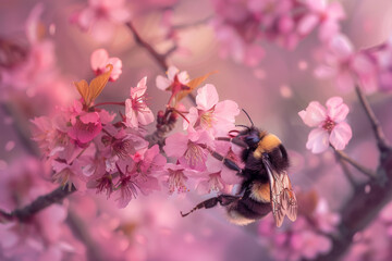 A honeybee and cherry blossoms flower in spring, beauty of nature and springtime concept, close up shot. - 782888549