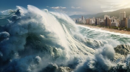  Earthquake, tsunami, giant wave crashing into the city on the background of the blue sky 