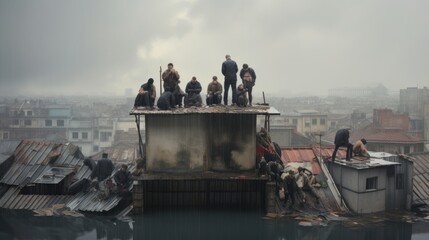 Flooding, flooded city people on the roof on the background of the gray sky 