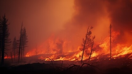 Forest fire spreads and burns the forest on the background of the red sky 