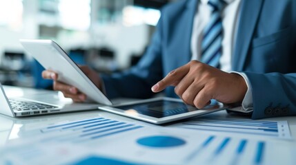 A diligent financial analyst meticulously studies complex data on their tablet, deciphering charts and reports to craft strategic forecasts for economic trends.
