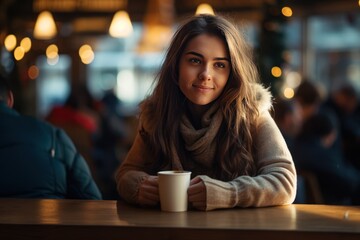  girl in coffee shop Sipping coffee with gusto On the background of a warm atmosphere 