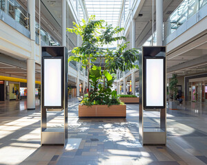 Open atrium with duo of towering ad kiosks, airy environment, plants accenting, natural daylight , no grunge, splash, dust