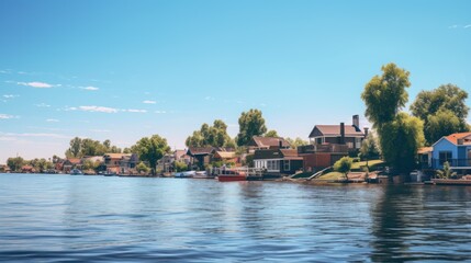 Houses along the water have water turbines installed. on the background of the blue sky 