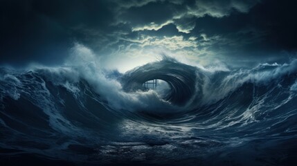  Hurricane, black sky, dark, on the background of crashing sea waves.