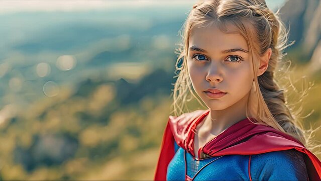 girl plays superhero. Created with Generative AI.