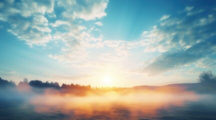 photograph of light and nature The morning sun shines On the background of the bright blue sky with some mist floating above the ground 