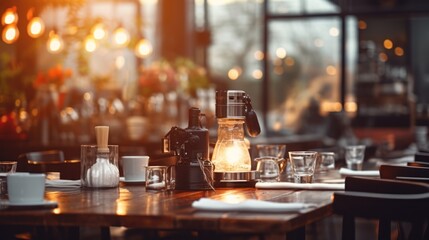  light in restaurant Dim lights create a warm atmosphere. on the background of the prepared dining table`