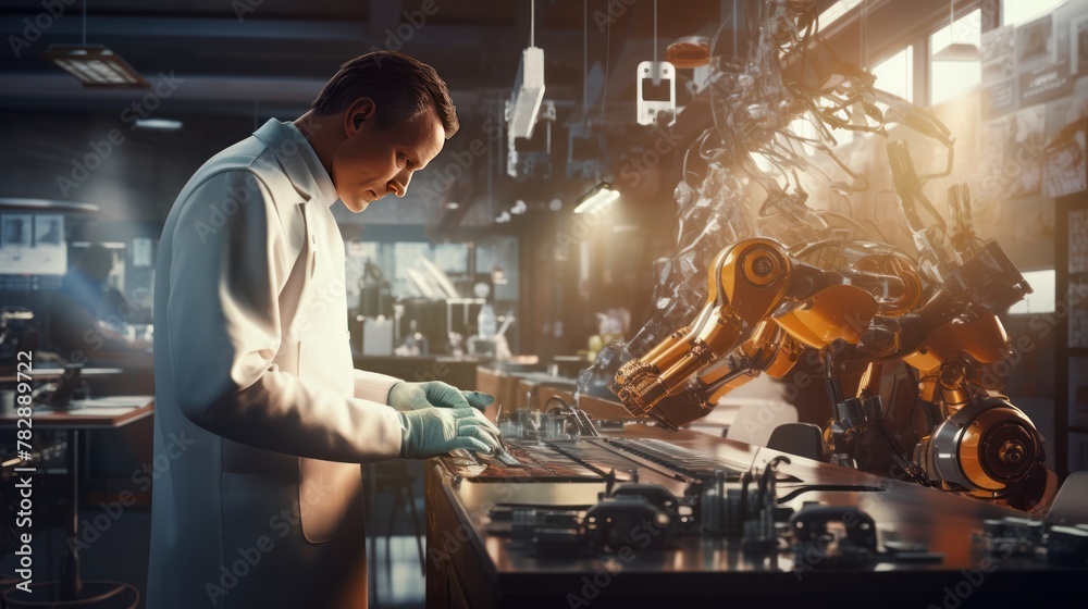 Poster a man wearing a lab coat expertly repairs a robot. on the background, a robot factory is full of mod