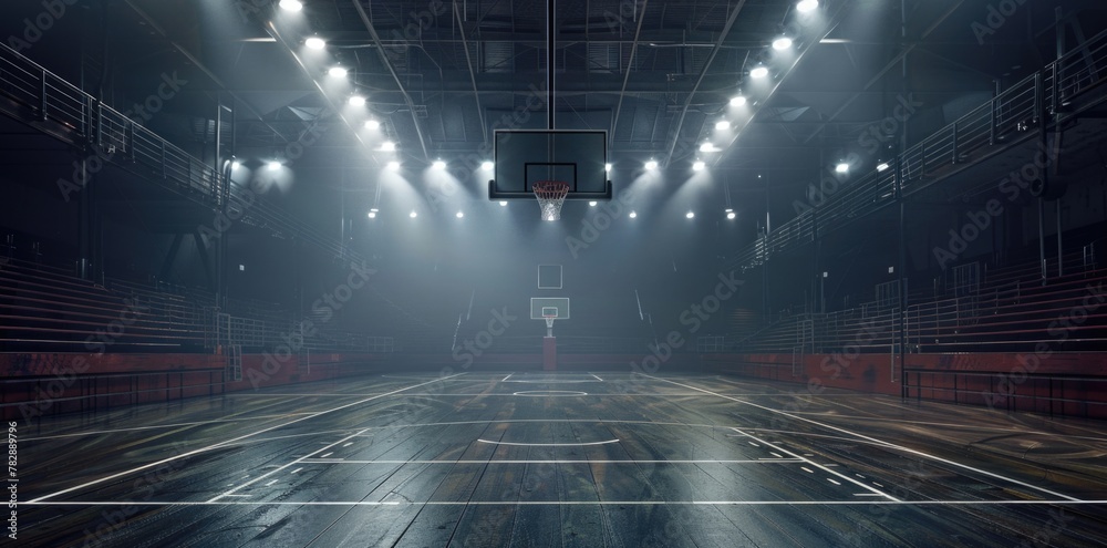 Sticker Basketball stadium at night, spotlights shining down on the court.