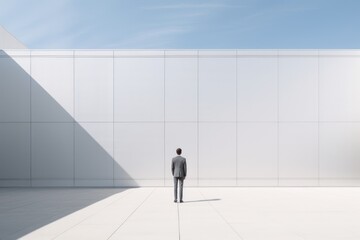 Minimalism style businessman standing in front of white building