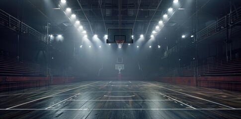 Basketball stadium at night, spotlights shining down on the court.