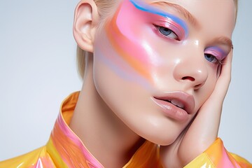 photograph of Model wearing bright, colorful makeup