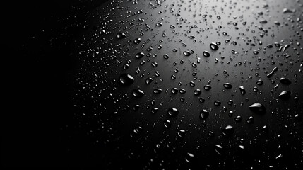 Close-up of raindrops on dark window, abstract water pattern.
