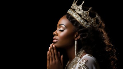 Praying African woman wearing tiara and clasping her hands together on dark background. Fictional Character Created by Generative AI.