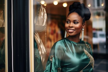 Stunning adult African American Woman in a Teal Dress with Diamond Earrings. Fictional Character Created by Generative AI. - obrazy, fototapety, plakaty